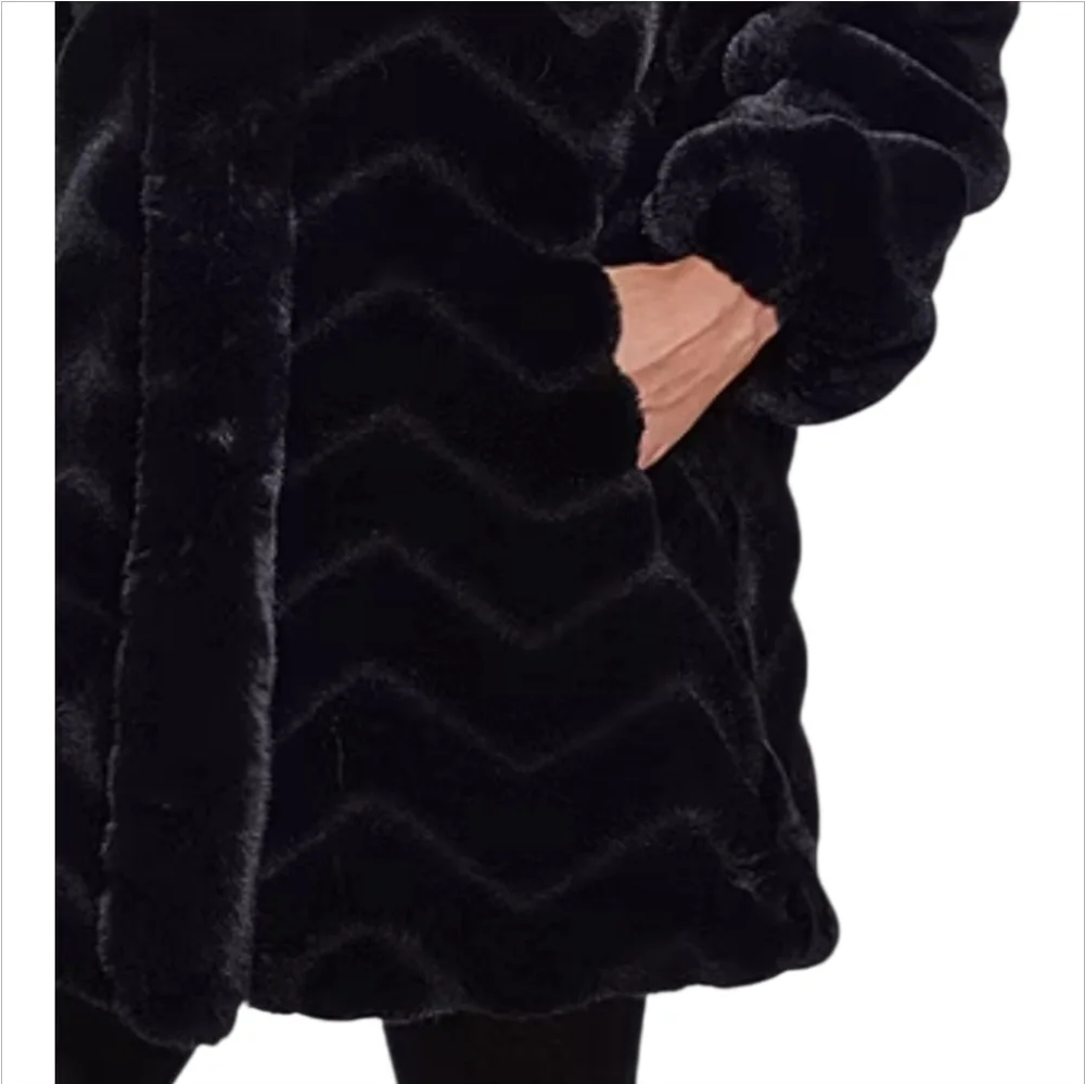 Gallery Hooded Black Faux Fur Jacket Sz L - Picture 2 of 16